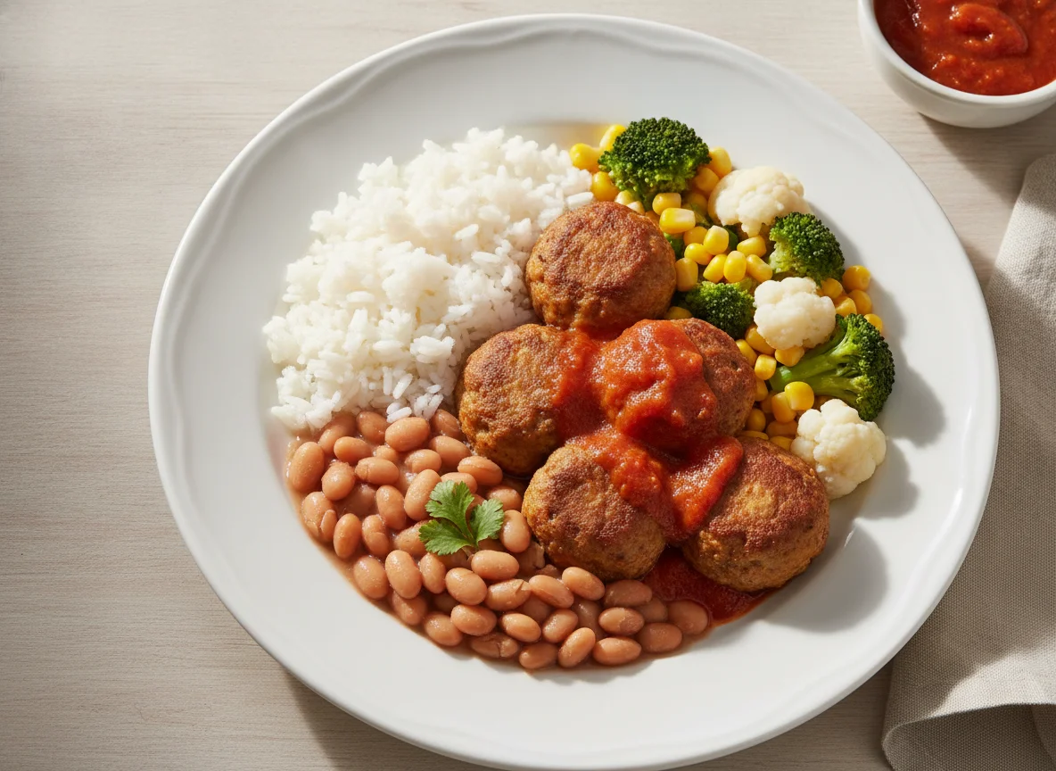 Almôndegas de frango com arroz, feijão e legumes photo