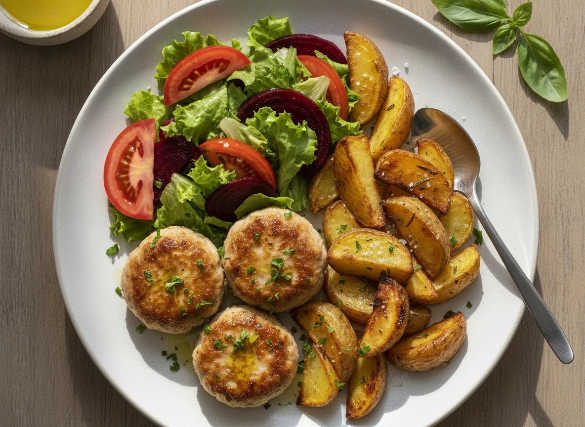 Almôndegas de frango com batata assada e salada mista photo