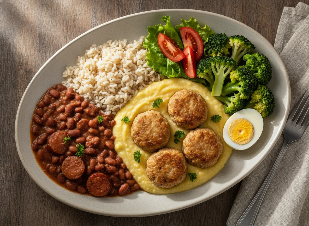 Almôndegas de frango com creme de milho, arroz, feijão e vegetais photo