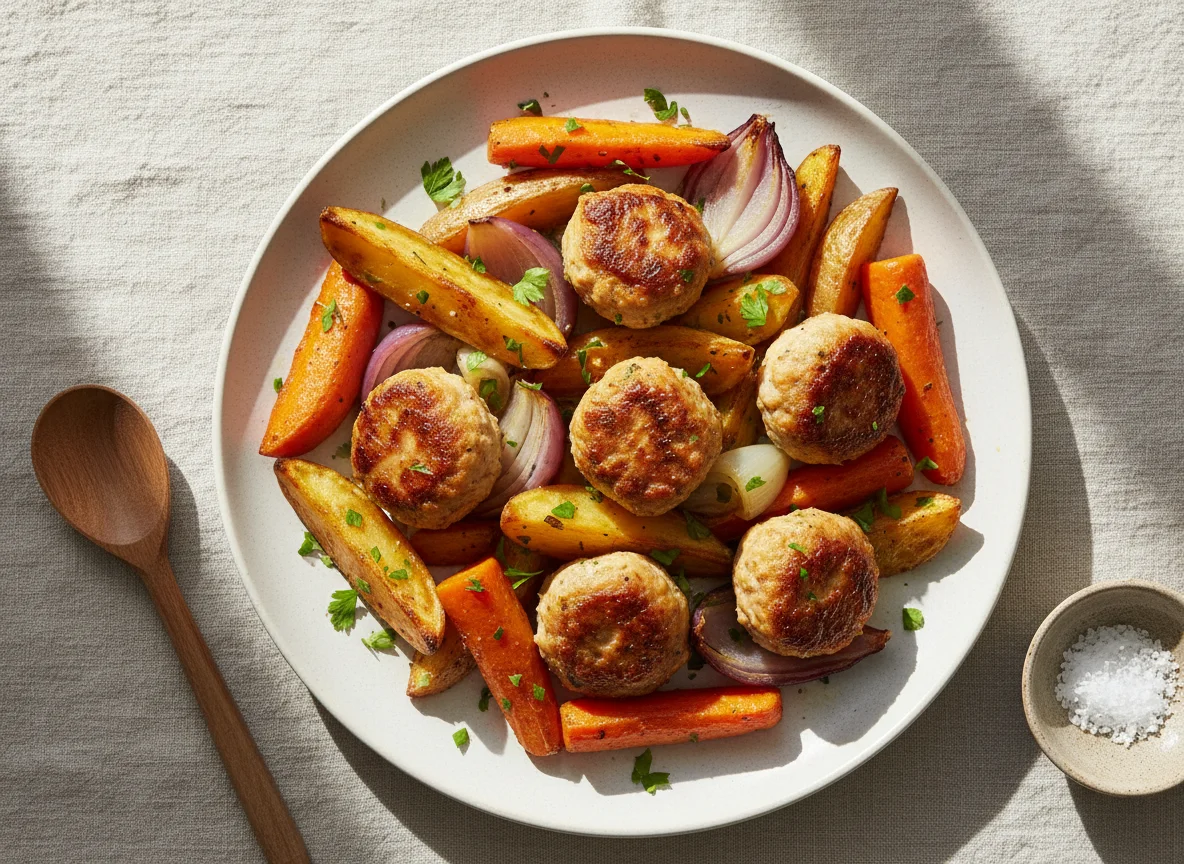 Almôndegas de frango com legumes assados photo