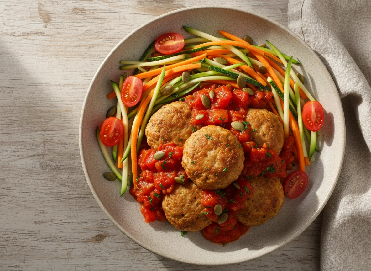 Almôndegas de frango com molho de tomate e salada de legumes photo