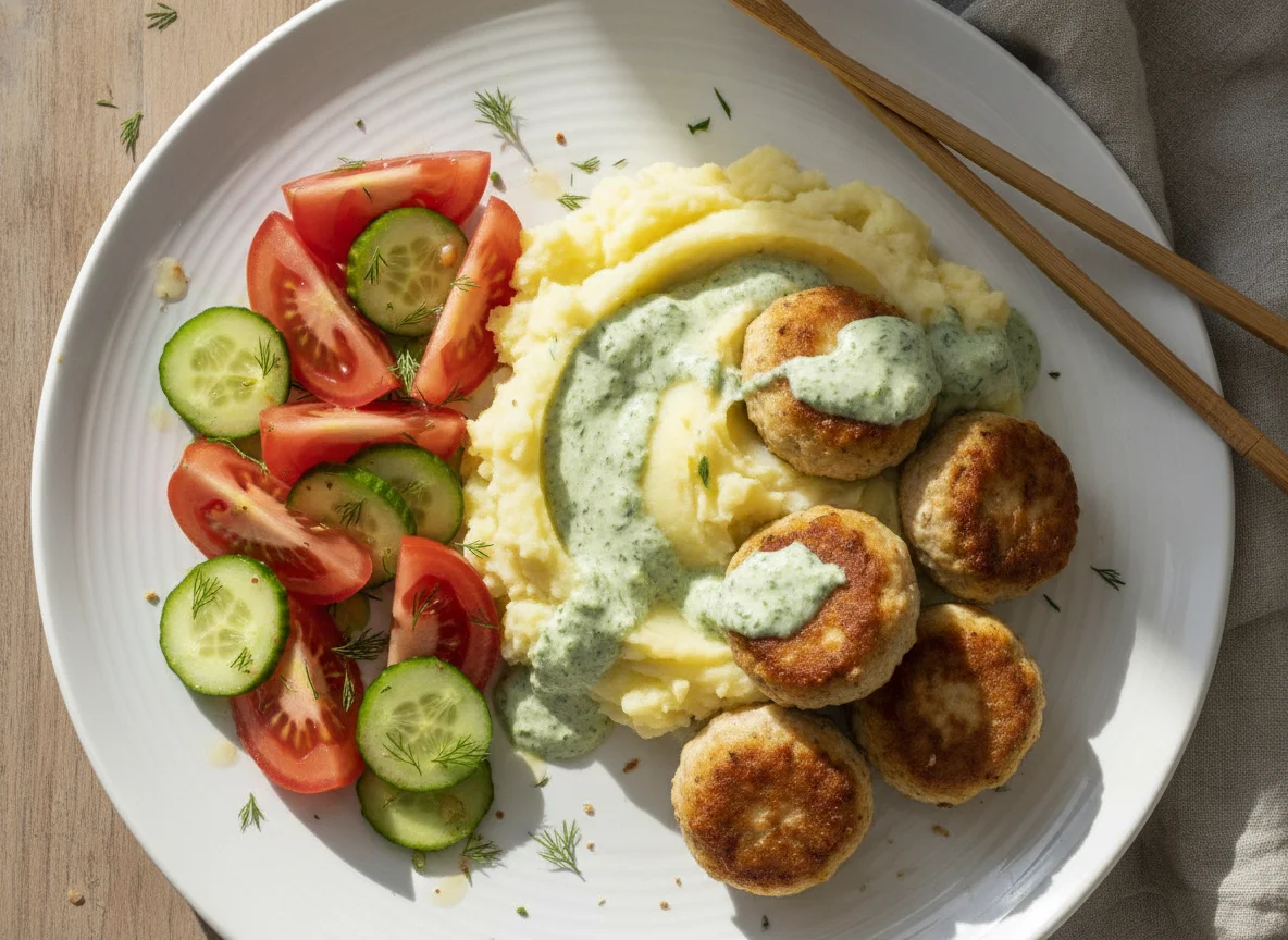 Almôndegas de frango com puré de batata e salada photo