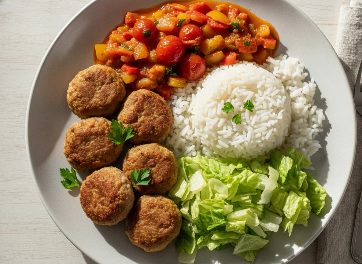 Almôndegas de peru com arroz, salada e refogado de legumes photo