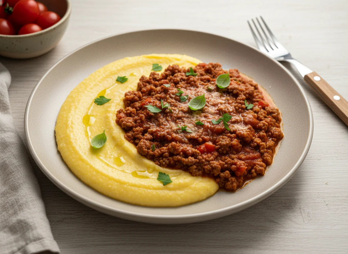 Angu com carne moída ao molho de tomate photo