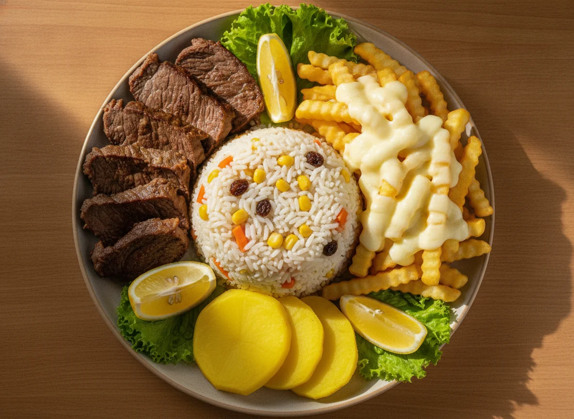 Arroz à Grega com Carne Assada, Batata Frita e Queijo photo