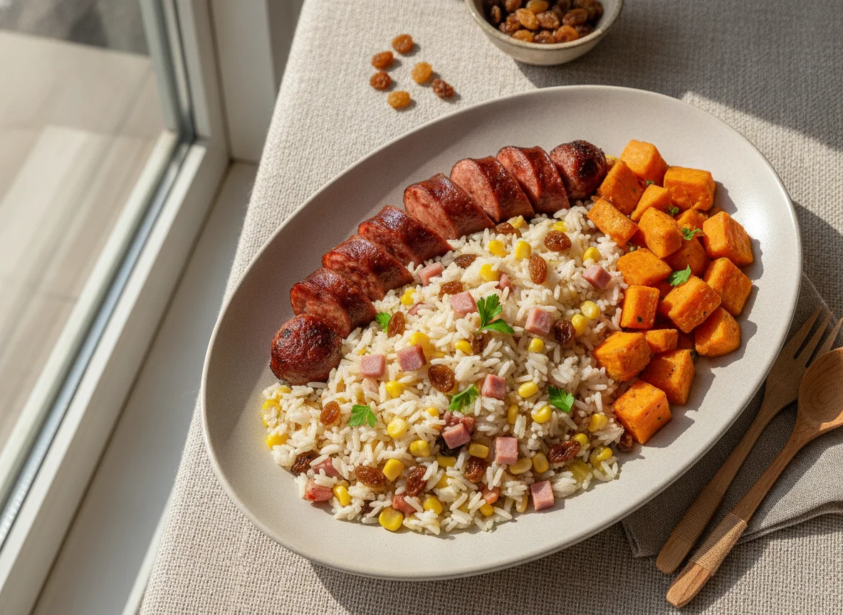 Arroz à grega com linguiça e batata doce photo