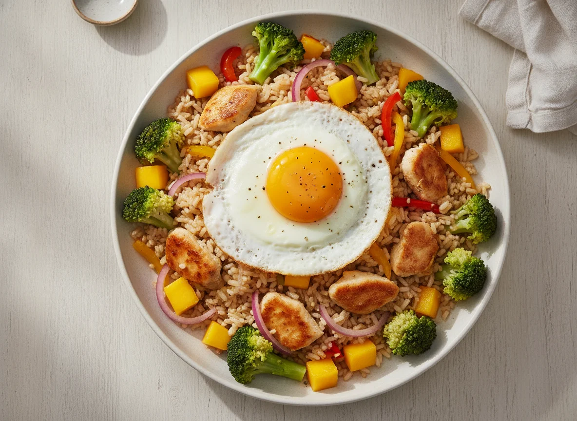 Arroz basmati com frango salteado, ovo estrelado e brócolos photo