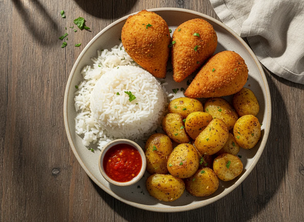 Arroz, batata assada e coxinhas de frango photo