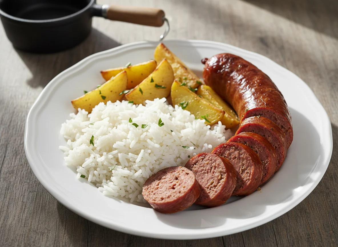 Arroz, batatas assadas e linguiça photo