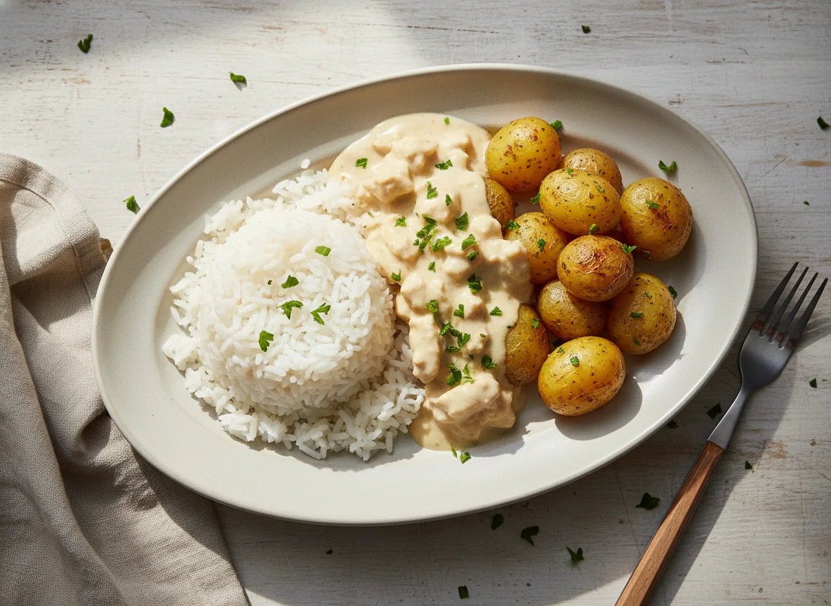 Arroz, batatas assadas e molho cremoso photo