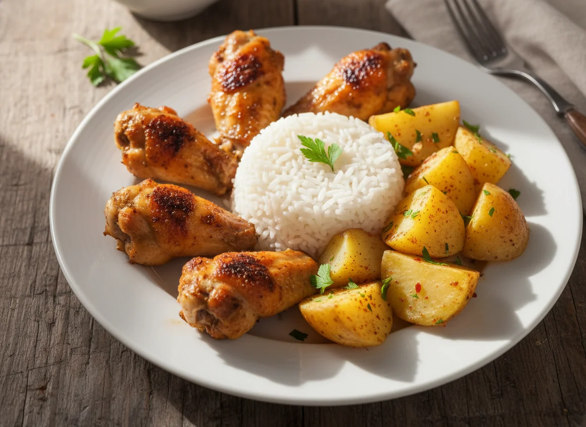 Arroz, batatas e asas de frango assadas photo