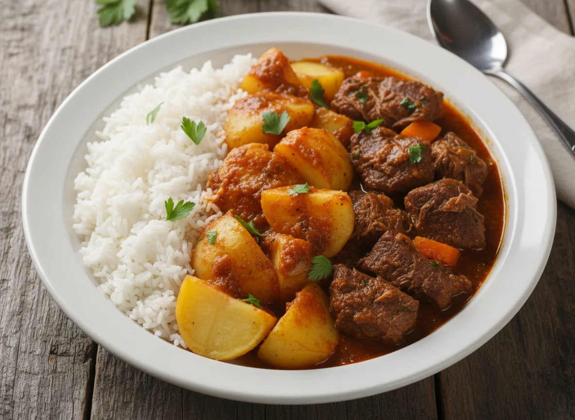 Arroz, batatas e carne ensopada photo