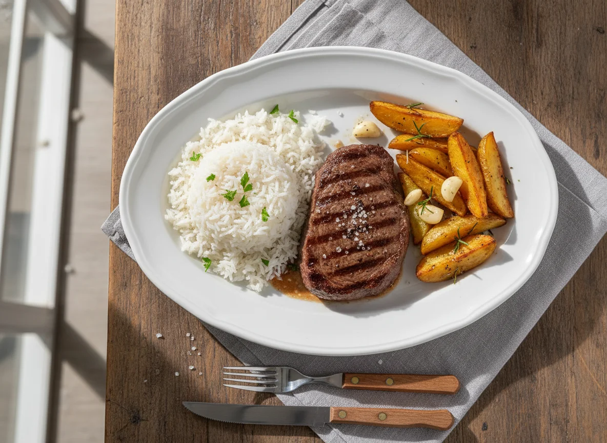 Arroz, bife e batatas assadas photo
