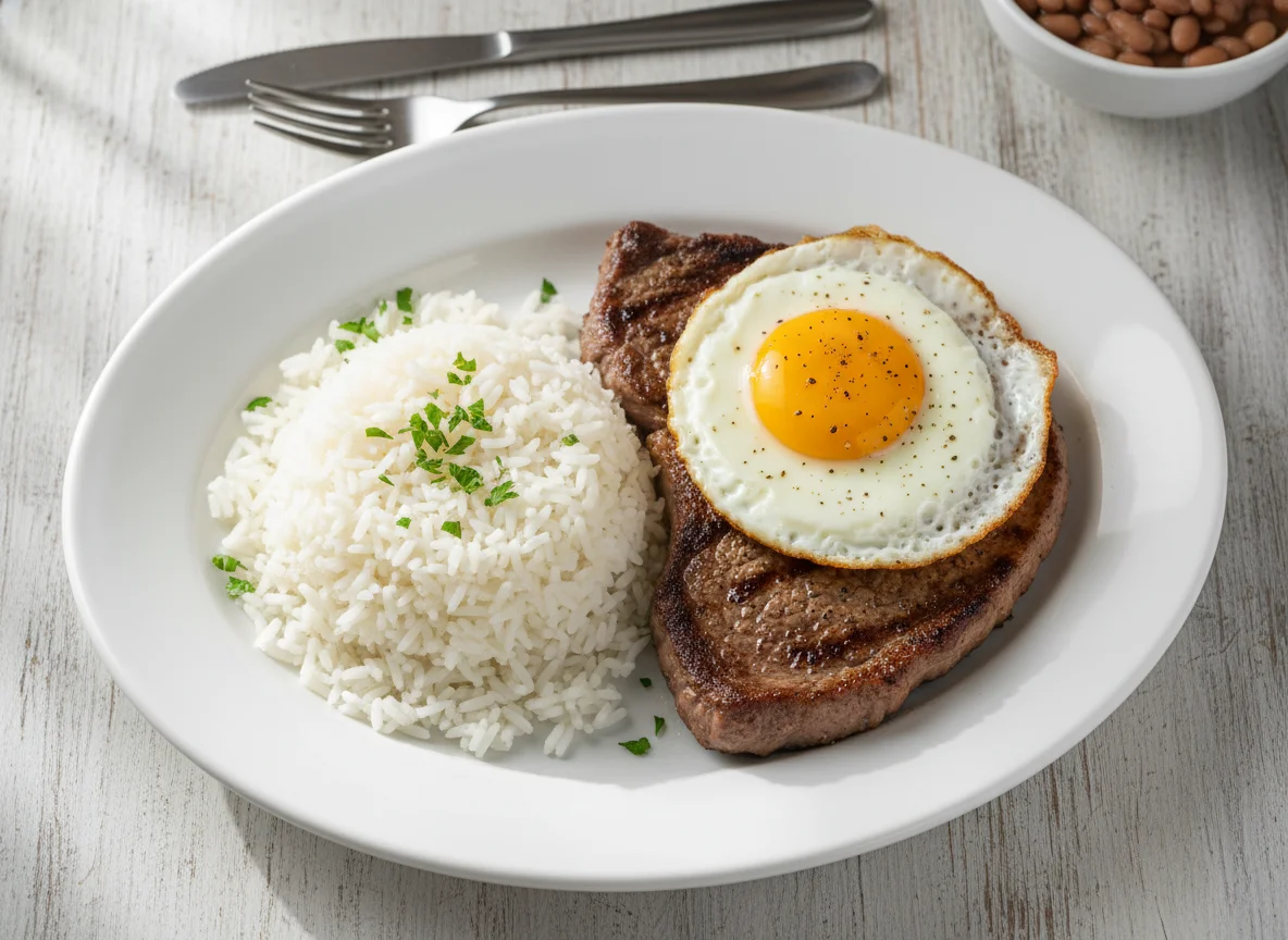 Arroz, bife e ovo frito photo