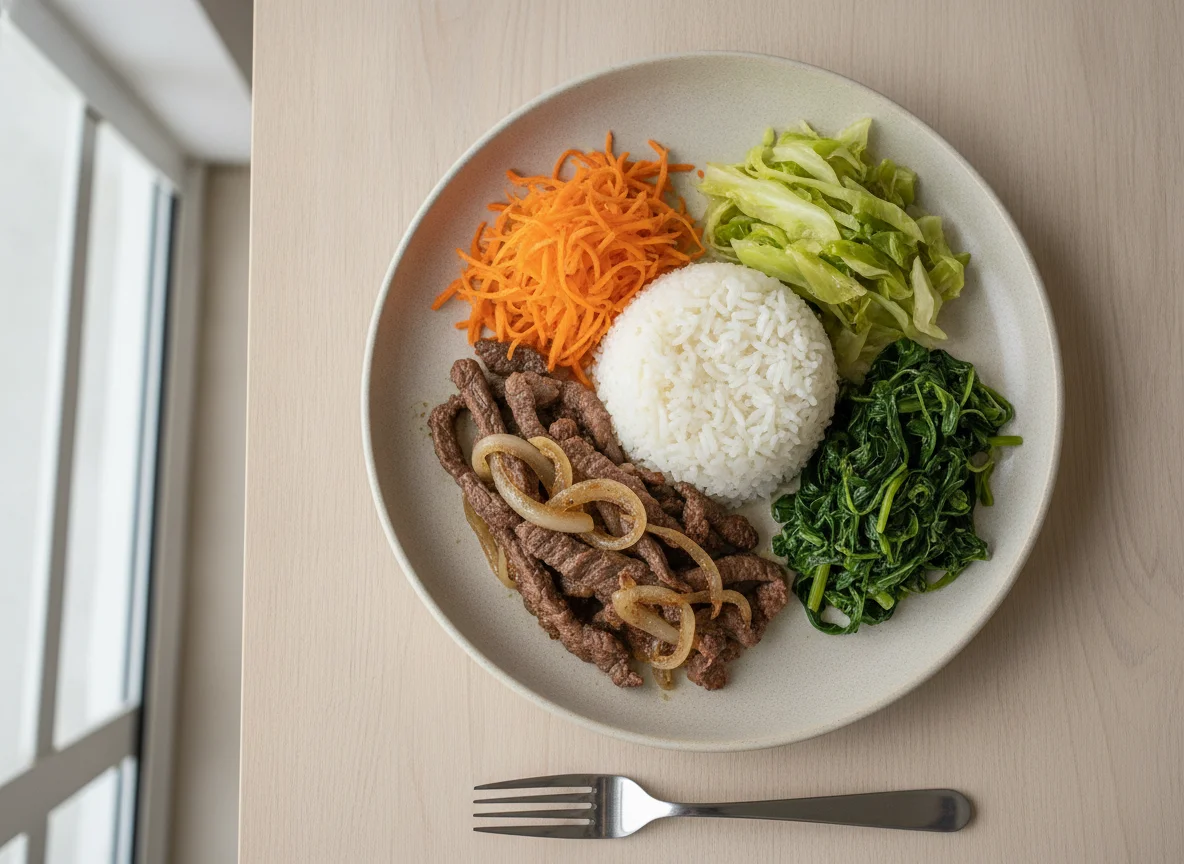 Arroz branco com carne bovina acebolada e legumes photo