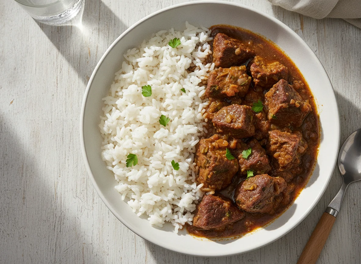 Arroz branco com carne cozida photo