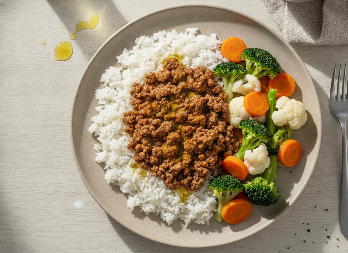 Arroz branco com carne moída e legumes cozidos photo