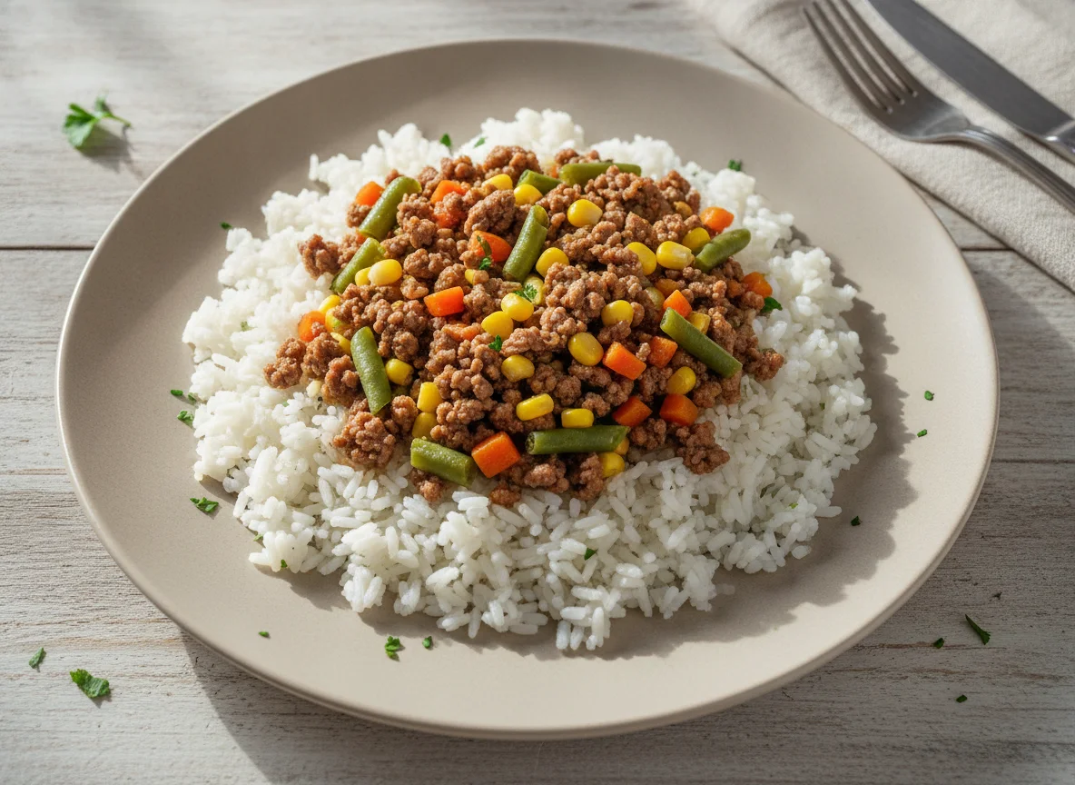 Arroz branco com carne moída e legumes photo