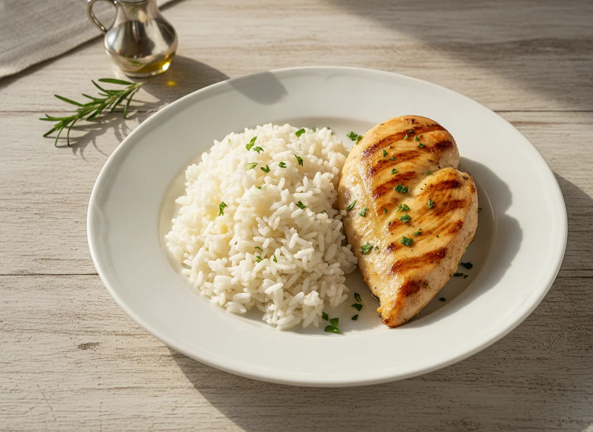 Arroz branco com filé de frango grelhado photo