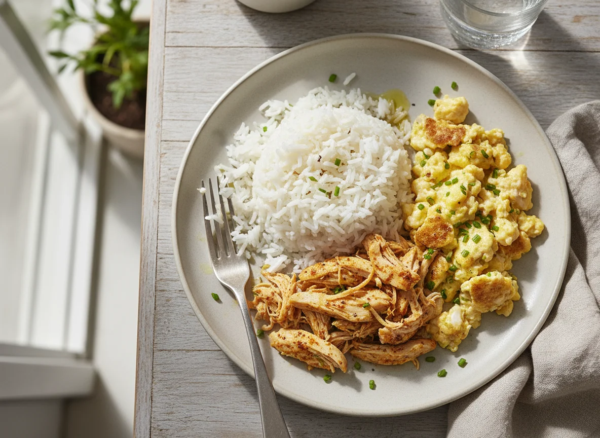 Arroz branco com frango desfiado e ovos mexidos photo