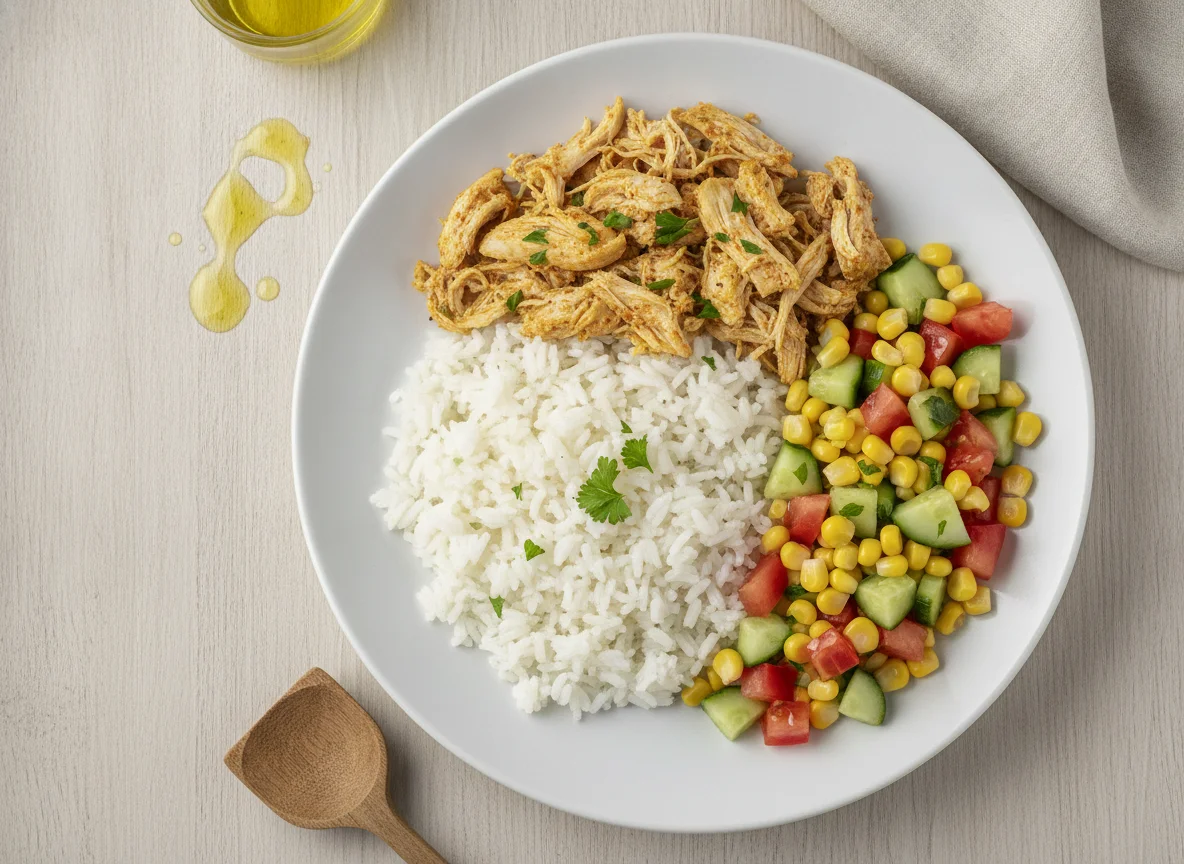 Arroz branco com frango desfiado e salada de legumes photo