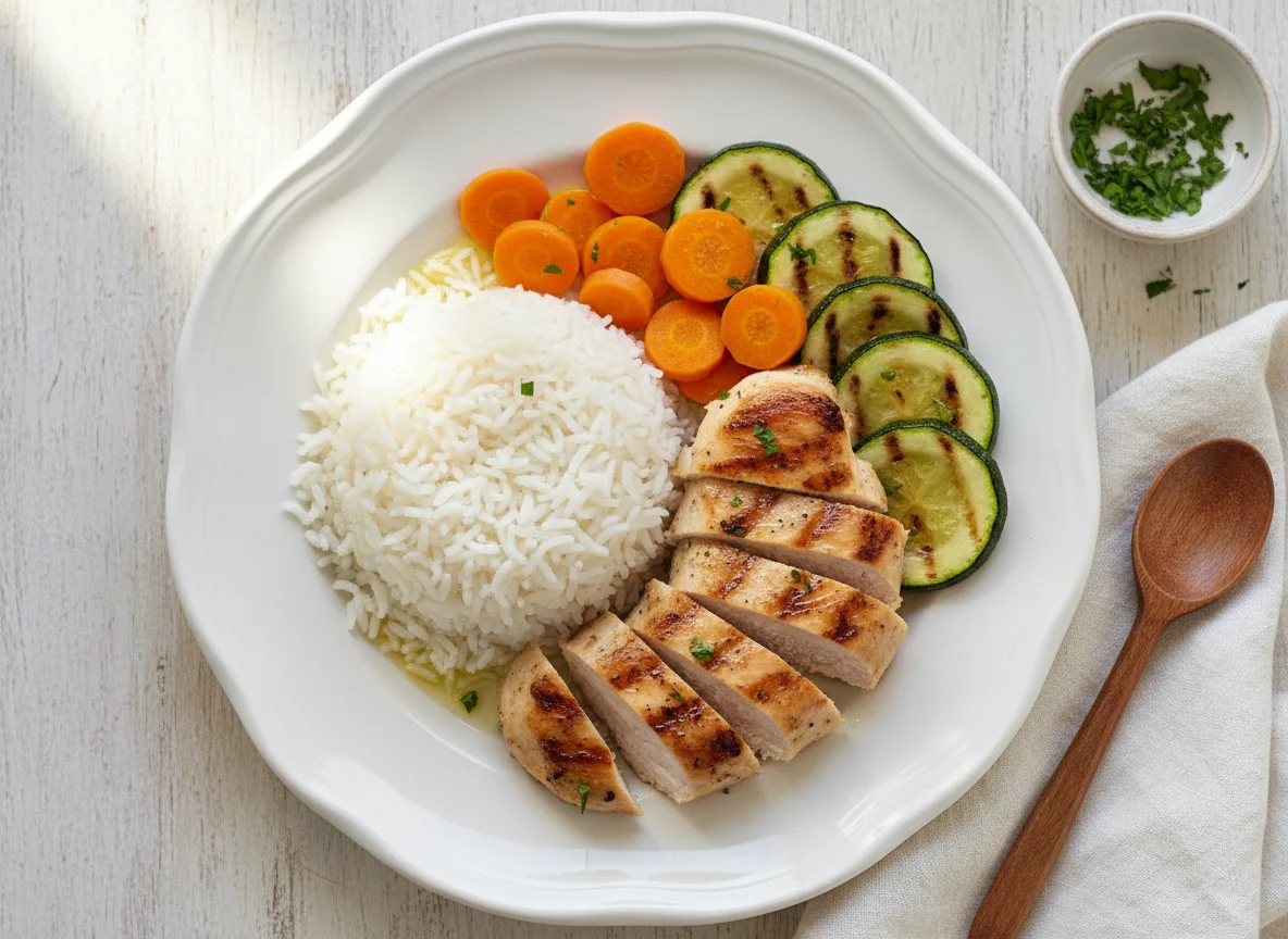 Arroz branco com frango grelhado e legumes photo