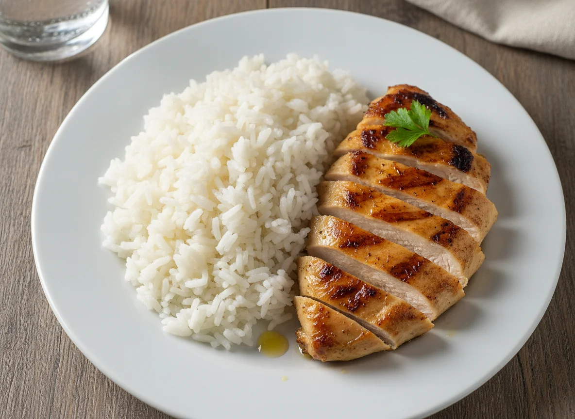 Arroz branco com frango grelhado photo