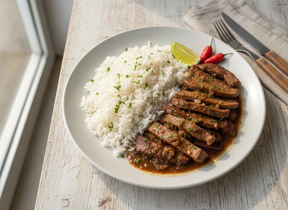 Arroz branco com iscas de fígado photo
