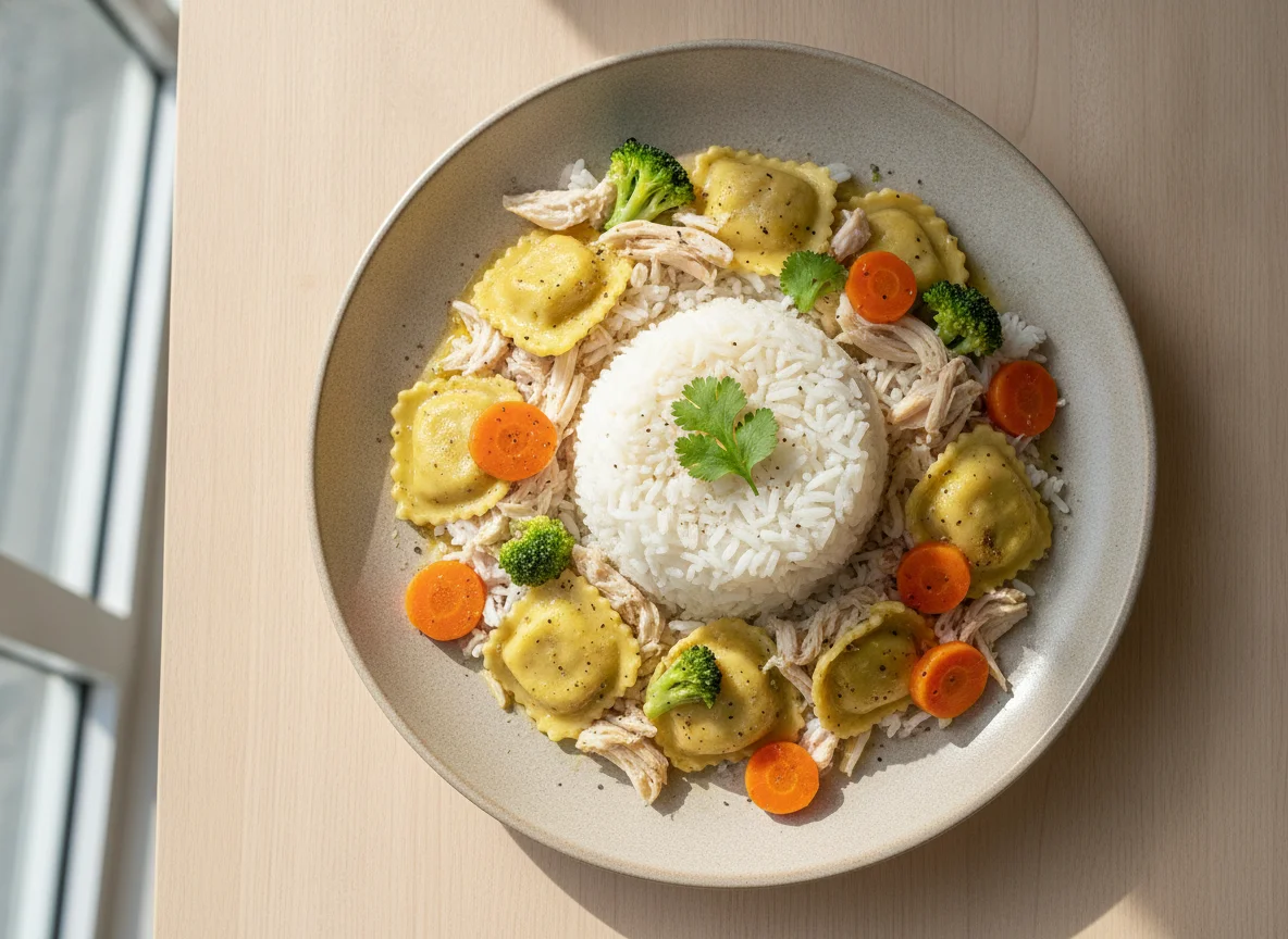 Arroz branco com ravioli e vegetais photo
