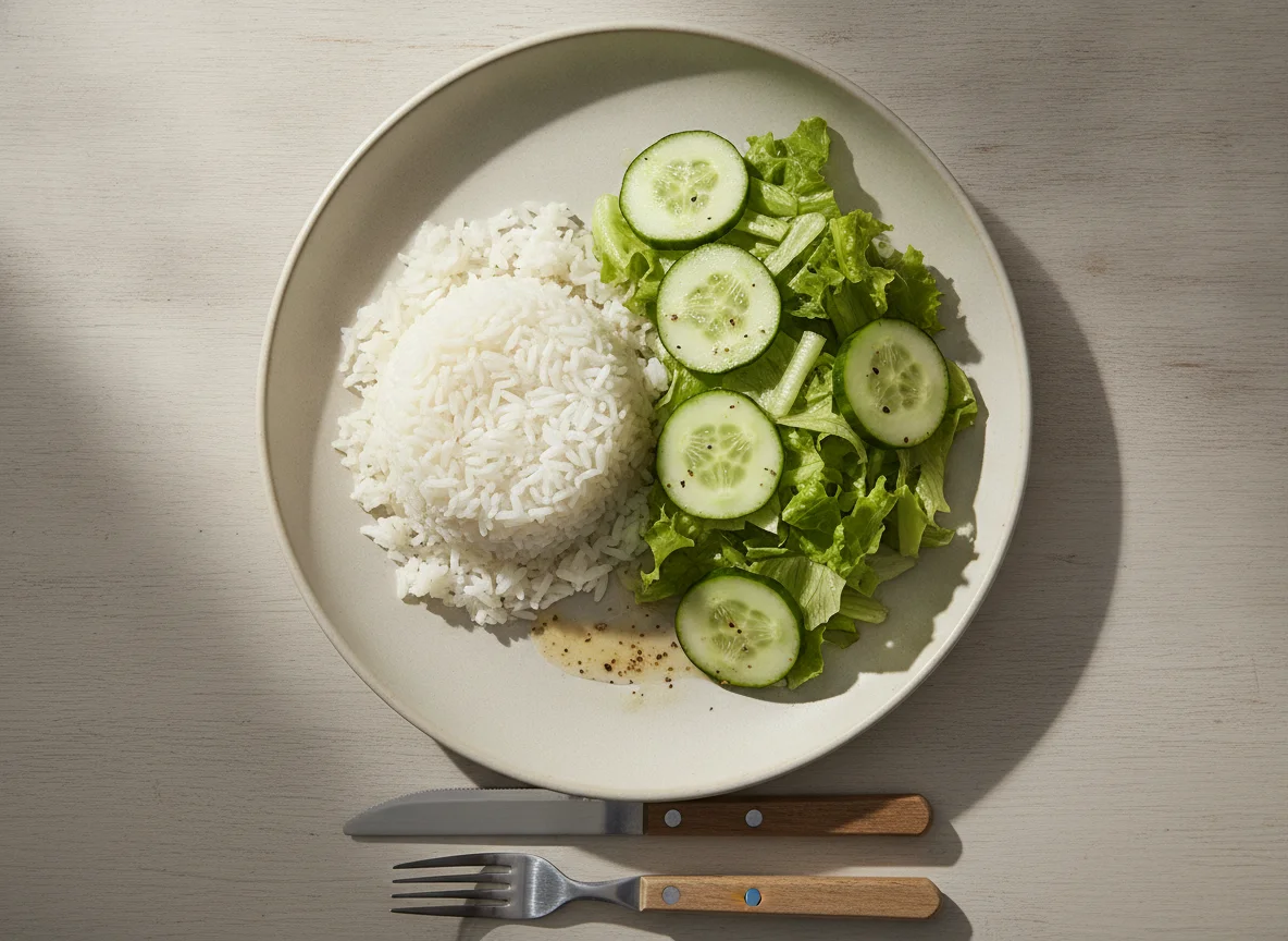 Arroz branco com salada de alface e pepino photo