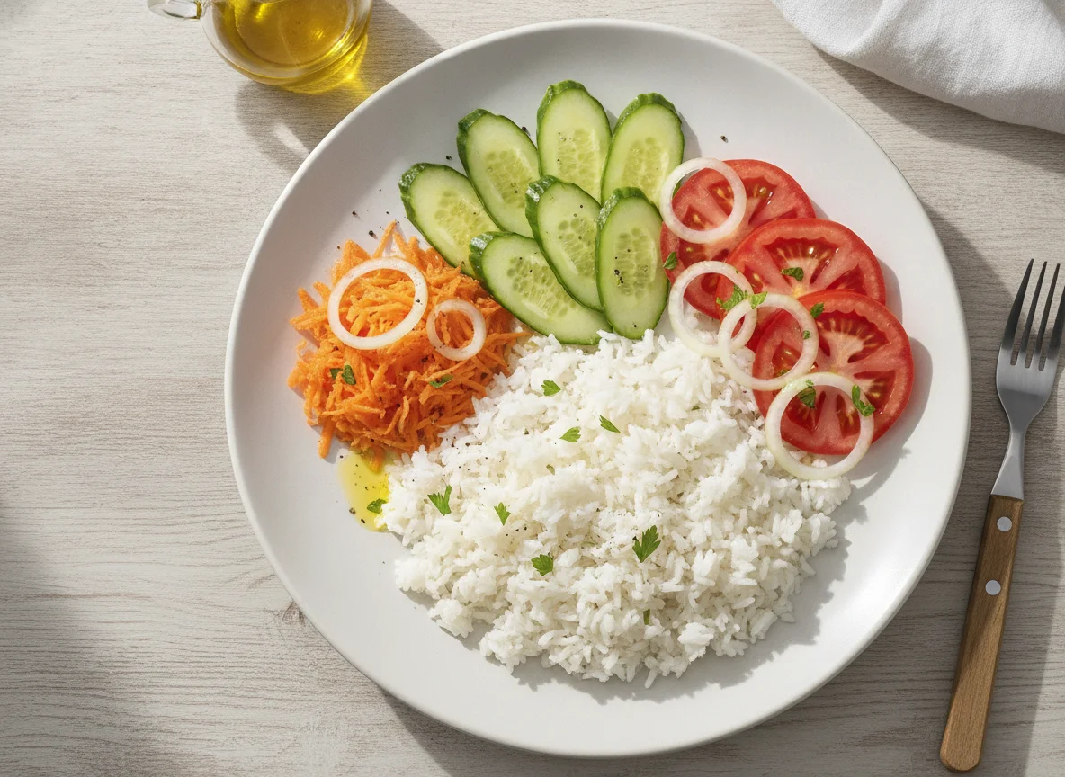 Arroz branco com salada de pepino, cenoura e tomate photo