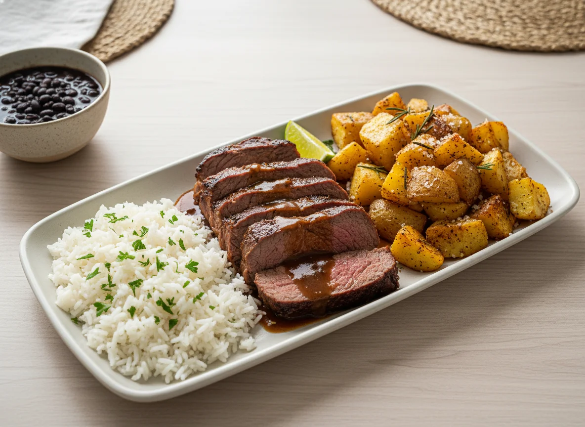 Arroz, carne assada e batata rústica photo