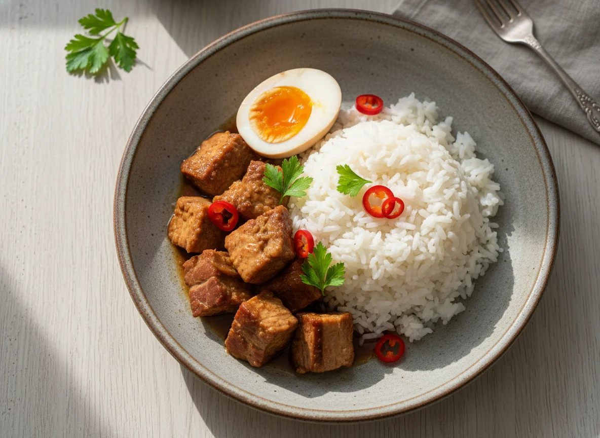 Arroz, carne de porco e ovo cozido photo