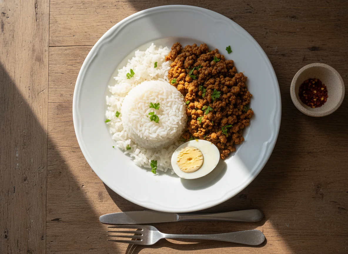 Arroz, carne de soja e ovo cozido photo