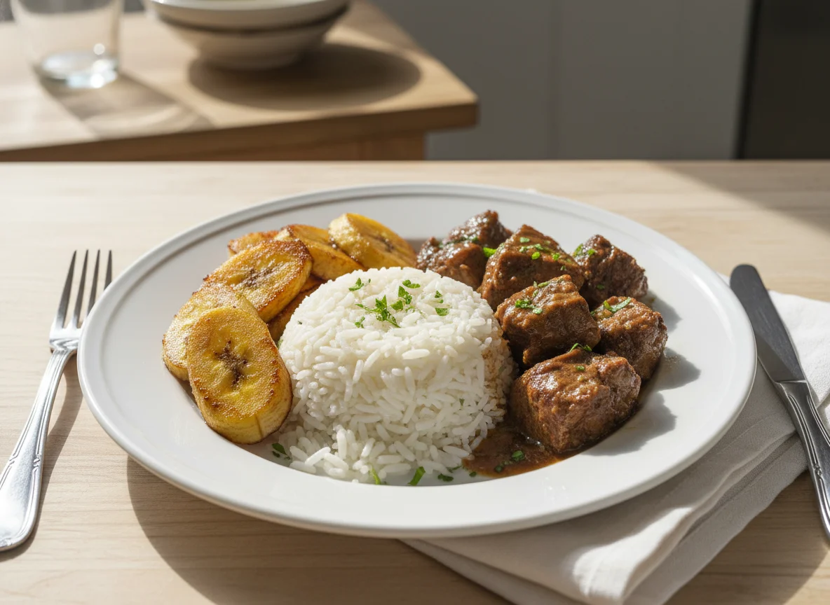 Arroz, carne e banana photo