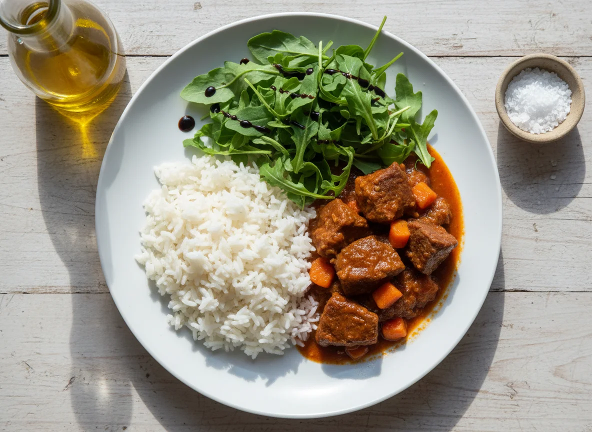 Arroz, carne ensopada e salada de rúcula photo
