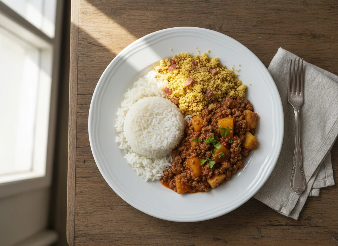 Arroz, carne moída com batata e farofa photo