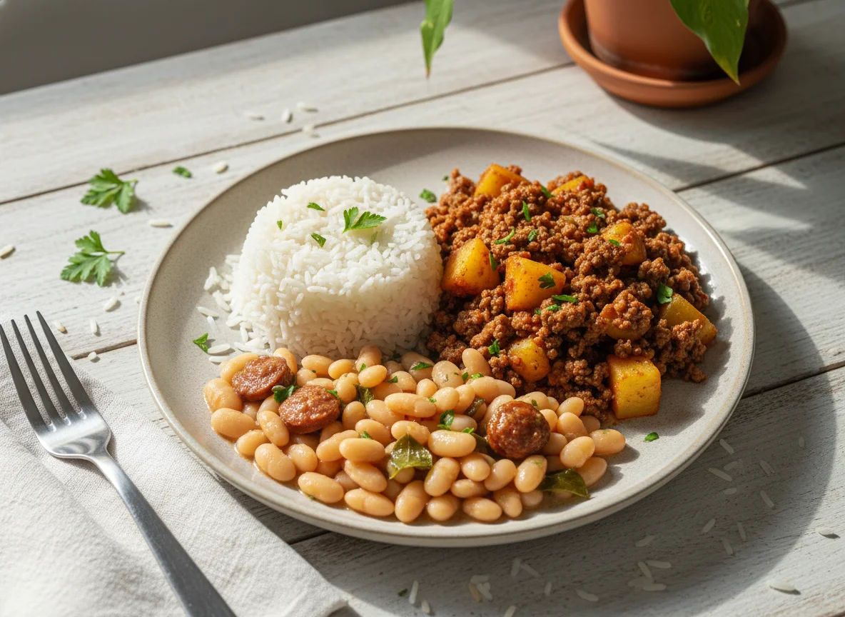 Arroz, carne moída com batata e feijão branco photo