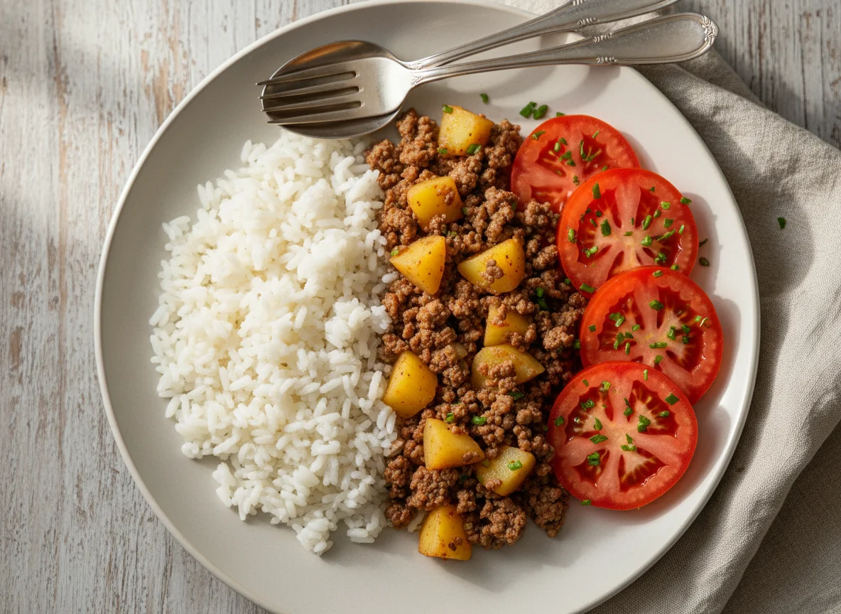 Arroz, carne moída com batata e salada de tomate photo