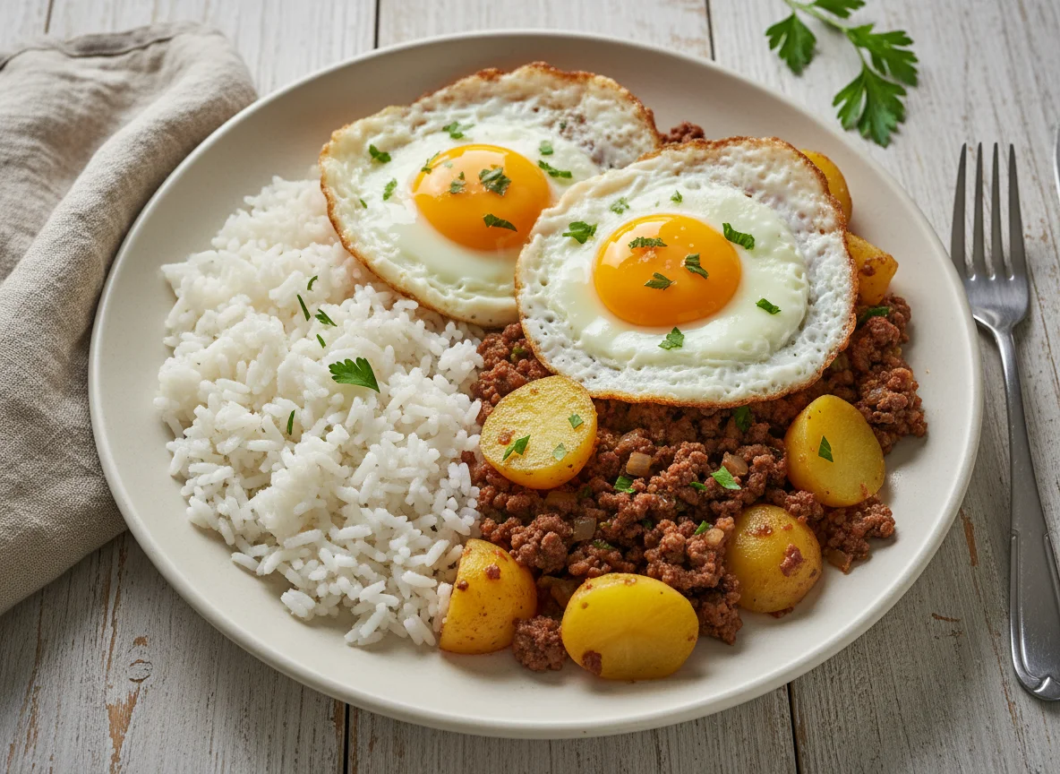 Arroz, Carne Moída com Batatas e Ovos Fritos photo