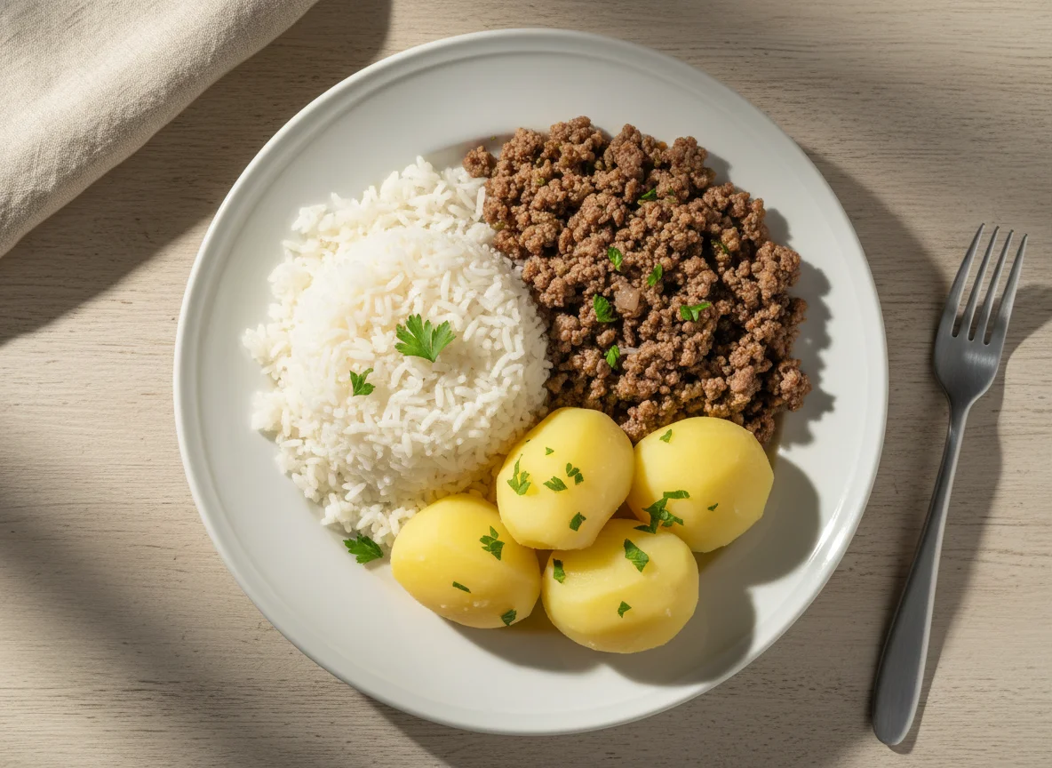 Arroz, carne moída e batatas cozidas photo
