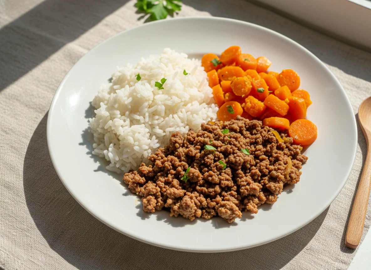 Arroz, carne moída e cenoura photo
