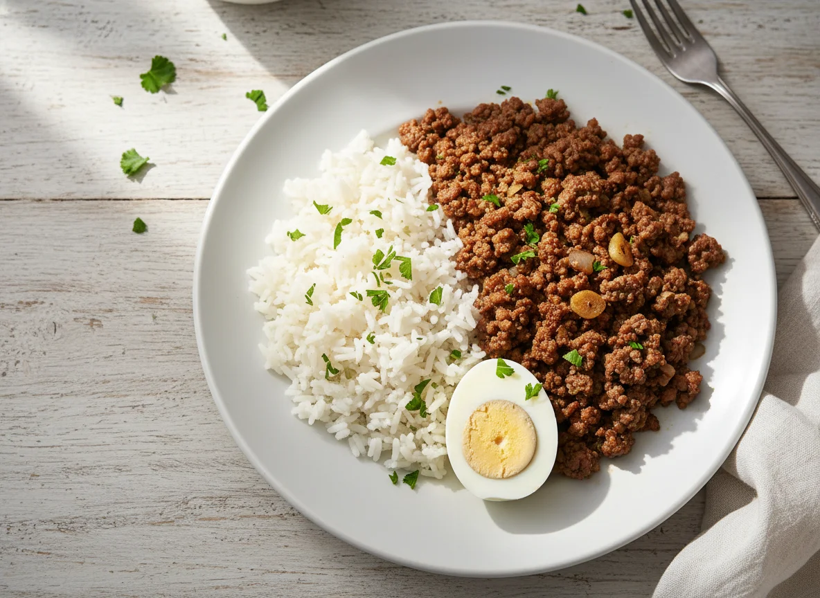 Arroz, carne moída e ovo cozido photo