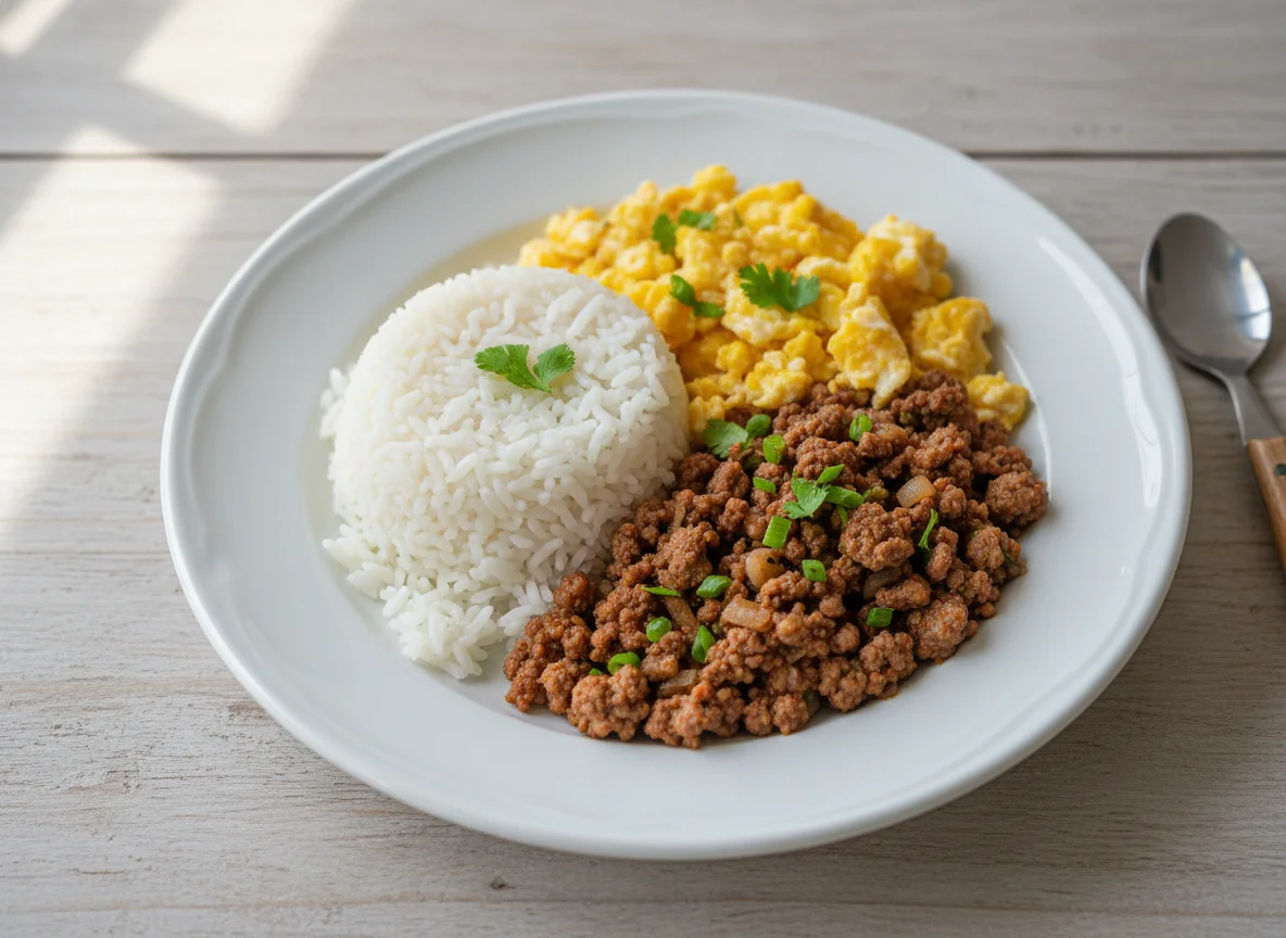 Arroz, carne moída e ovos mexidos photo