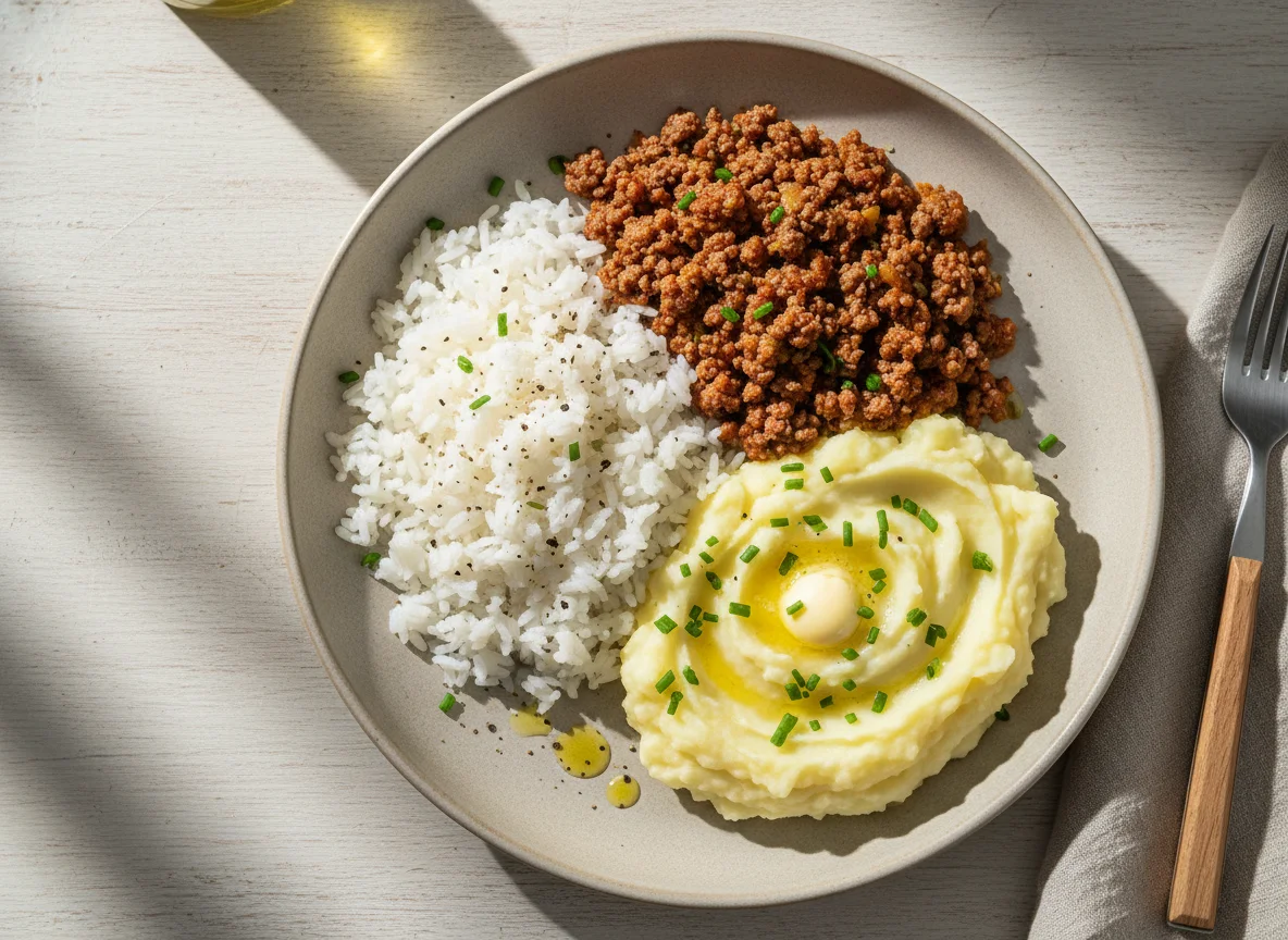 Arroz, carne moída e purê de batata photo
