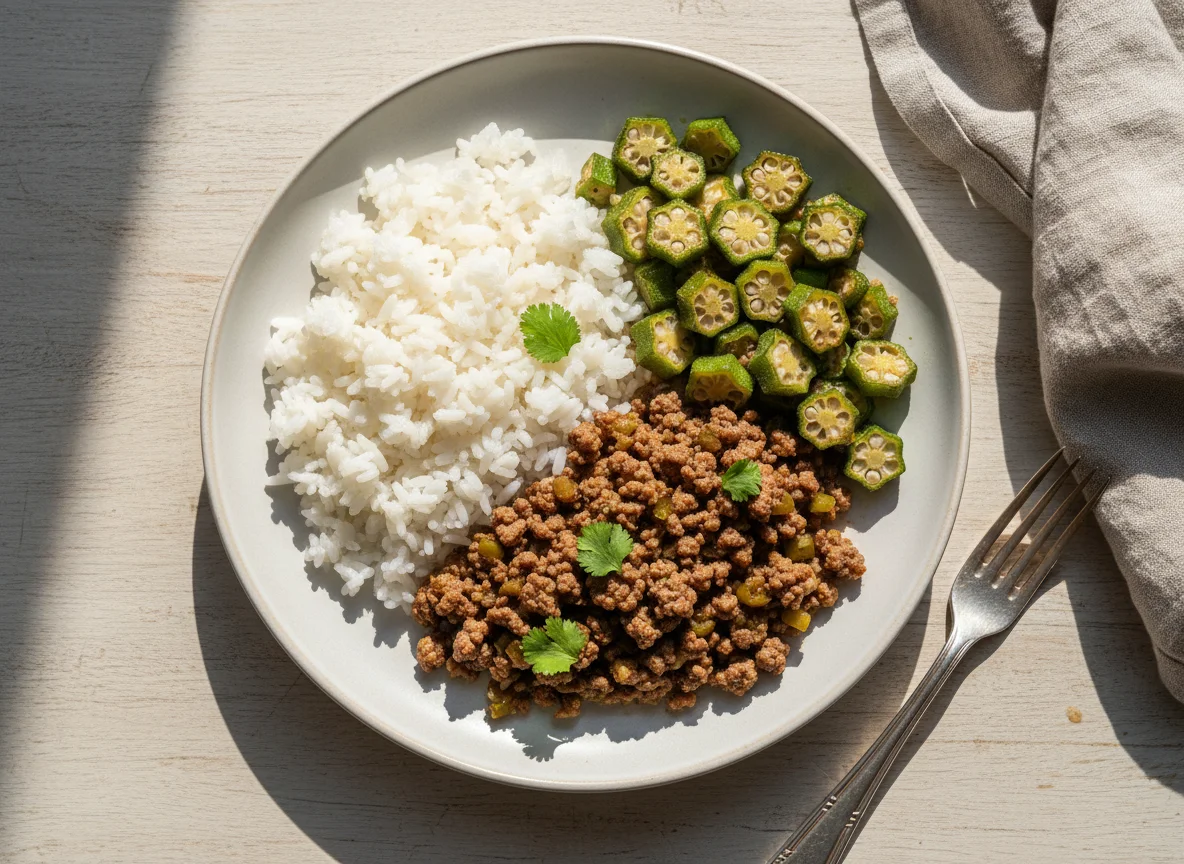 Arroz, carne moída e quiabo photo