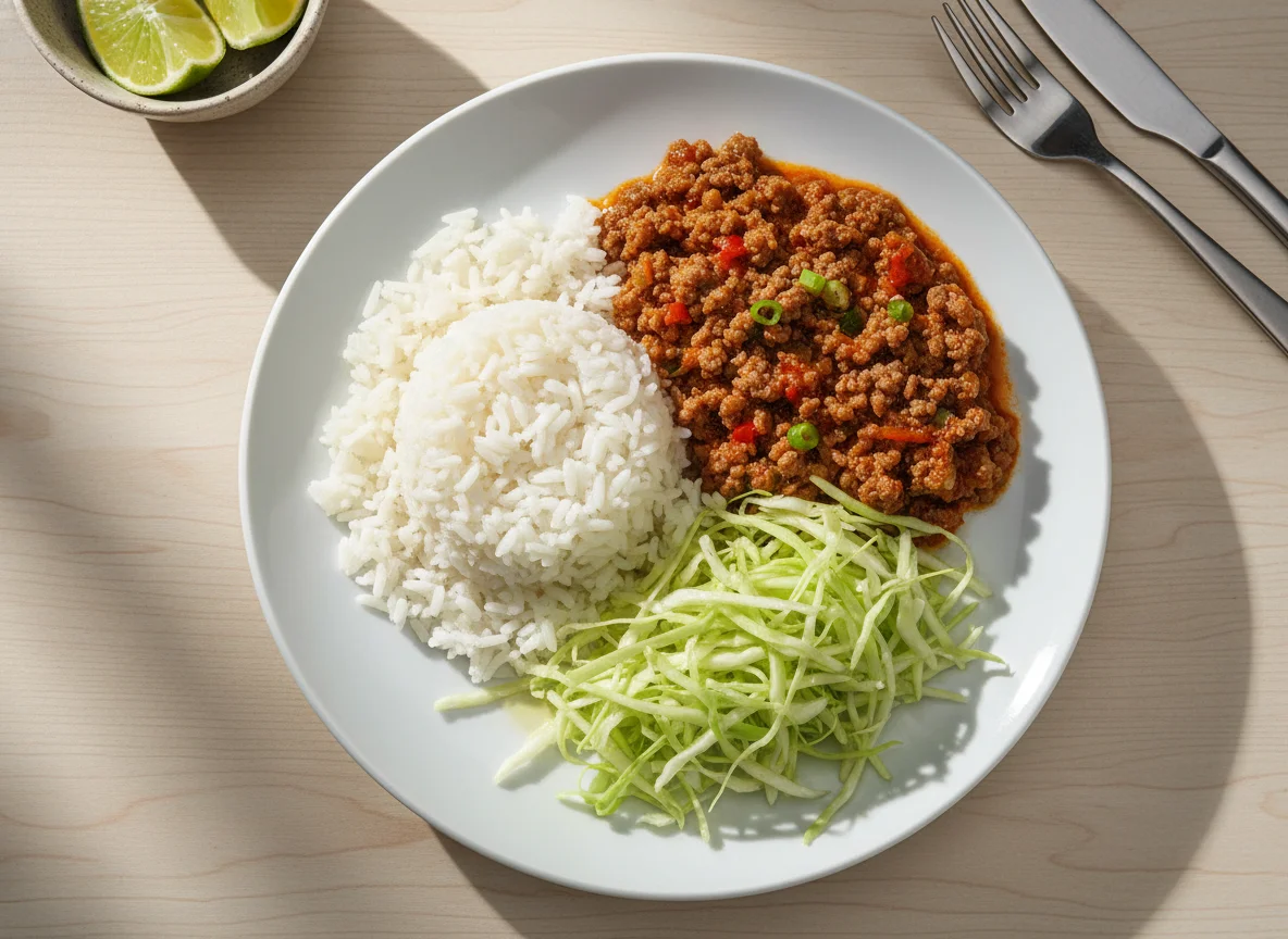 Arroz, carne moída e repolho photo