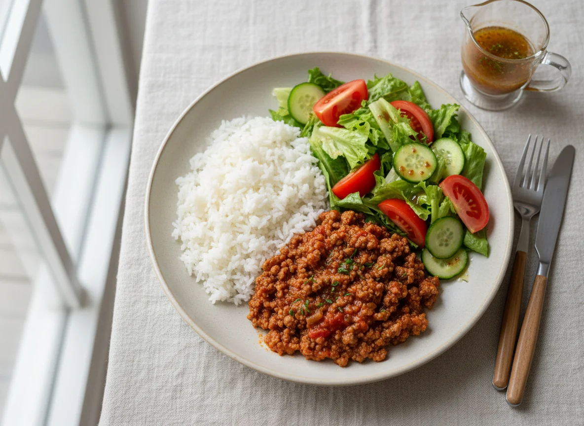 Arroz, carne moída e salada photo