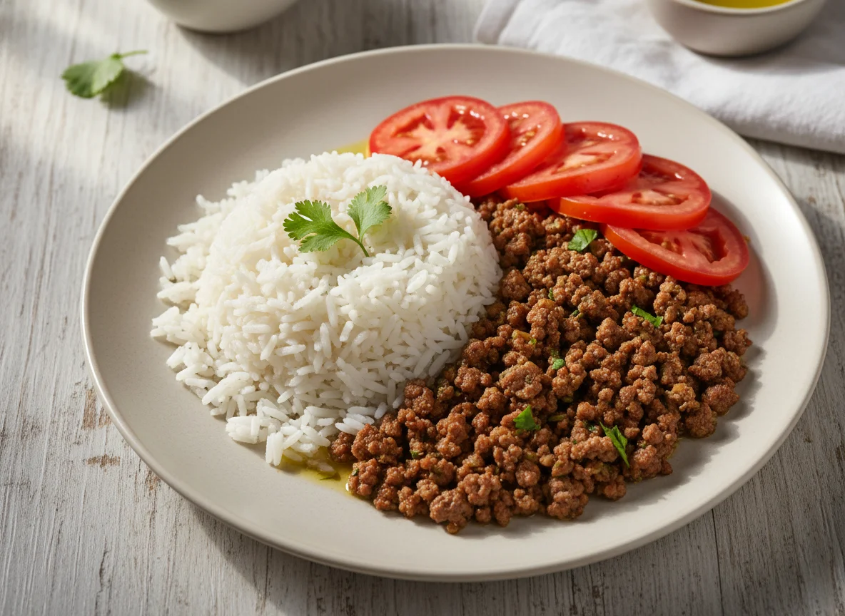 Arroz, carne moída e tomate photo