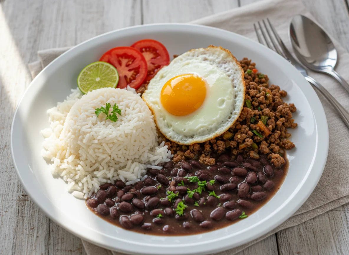 Arroz, carne moída, ovo frito e feijão photo